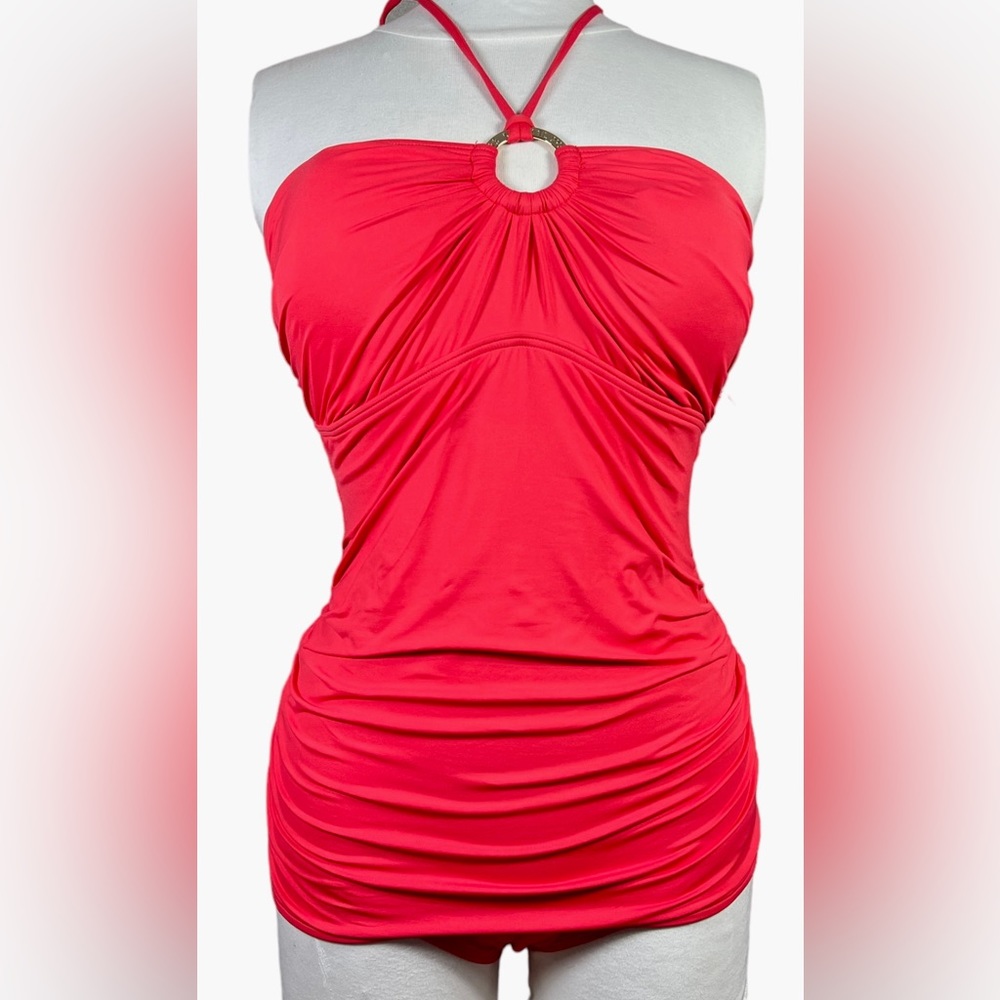 NWT MICHAEL KORS Swimsuit Bathing suit 2-pc Halter Logo Tankini top in Coral s/l